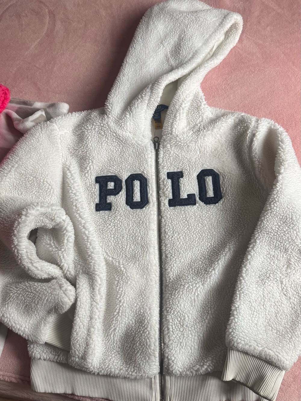 Polo by Ralph Lauren White Sherpa Zip Hoodie with Navy Logo